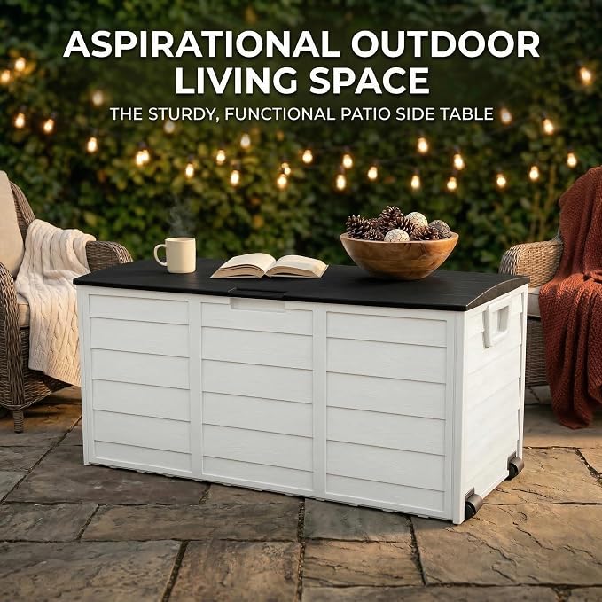 75 Gallon Outdoor Storage Box, 260L Waterproof Resin Deck Box for Patio Furniture Cushions, Garden Tools and Yard Accessories, Lockable Storage Chest with Wheels and Handles (Black+White)