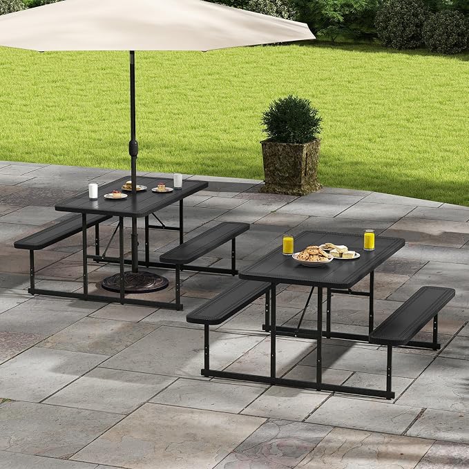 Picnic Table Set for 2-4 People, Umbrella Hole, Heavy-Duty Metal Frame & 2 Benches, HDPE Rectangular Outdoor Dinning Table & Benches for Outside, Patio, Garden, Backyard, Porch (Black)