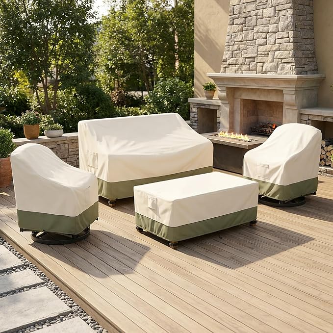 Bitubi Outdoor Waterproof Patio Furniture Covers 4-Piece Set for Swivel Rocker Chairs, Patio 3-Seater Sofa 76in, Coffee Table 48in, Heavy Duty 600D Tough Canvas, Beige