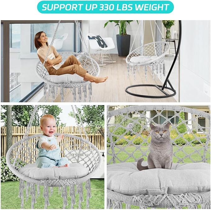 330 Lbs Capacity Loading Relaxing Handwoven Hammock Chair Swing, Cozy Macrame Hanging Seat with Soft Pillow, Perfect Reading Meditation Chair for Bedroom, Garden, Balcony, Grey