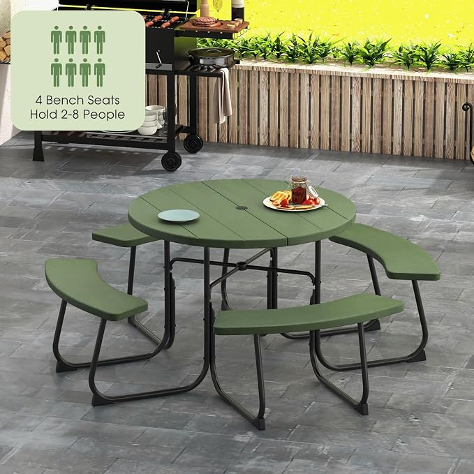 Giantex Picnic Table Set for Up to 8 Persons, Round Outdoor Table and Bench Set with Umbrella Hole, HDPE Top & Metal Frame, 2000LBS Capacity, Patio Table Bench for Deck Backyard Garden (Green)