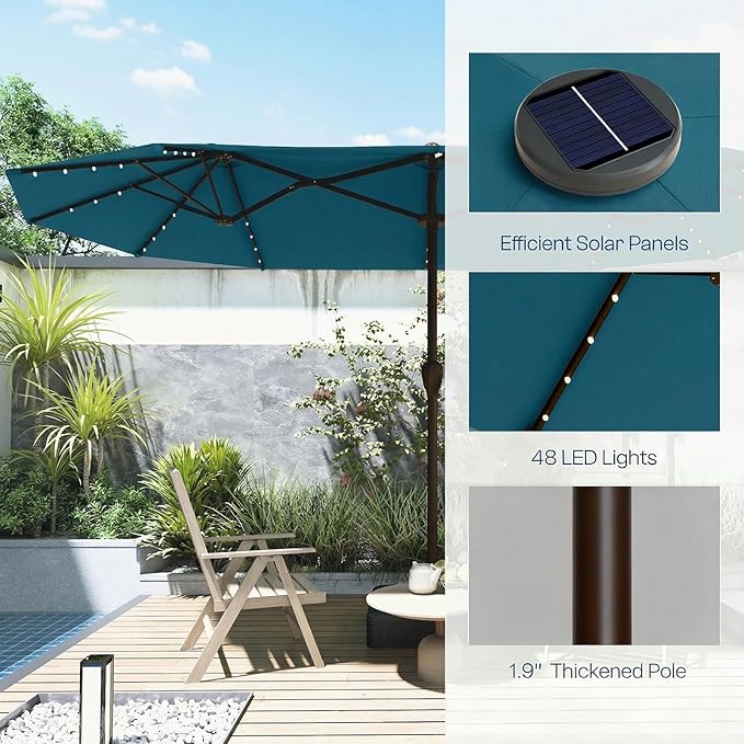 15ft Large Patio Umbrella with Solar Lights and Base, Double-Sided Outdoor Rectangle Umbrella with 48 LED Lights, Market Table Umbrellas with UV Resistant Canopy
