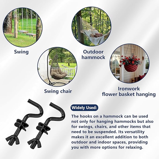 2 Pack Heavy Duty Hammock Hooks, Galvanized Metal Replacement Hardware for Hammock Stand, Fits 1-1/4 to 2 Inch Poles, 3/8 Inch Diameter S-Hooks for Indoor Outdoor Patio Swing & Chair（Black）