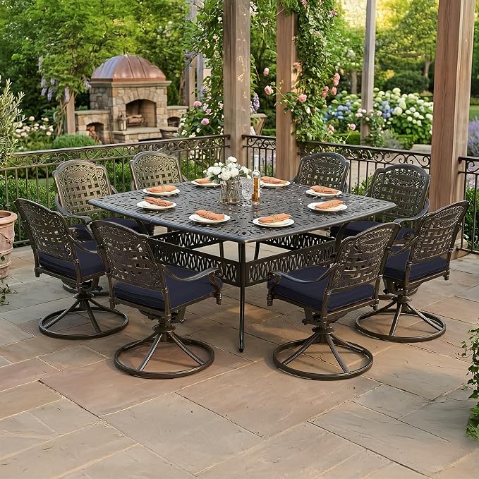 VIVIJASON 9-Piece Outdoor Dining Furniture Set, Cast Aluminum Patio Table & Chairs Set for 8, Include Large 64" Square Dining Table and 8 Swivel Rocker Chairs with Umbrella Hole, Navy Blue