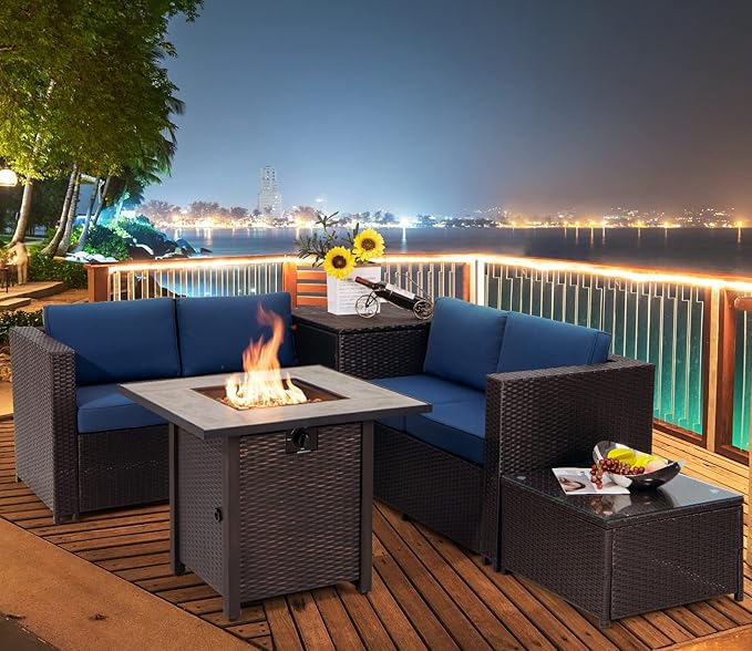 Tangkula 5-Piece Patio Furniture Set with 30 Inches Gas Fire Pit Table, Outdoor Wicker Conversation Sectional Sofa Set with Storage Box and Coffee Table, 50,000 BTU Propane Fire Pit Table (Navy)