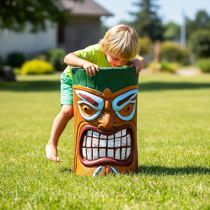 Tiki Outdoor Side Table, 20 Inch Fiber Reinforced Concrete Patio End Table, Decorative Garden Statue Stool with Wood Grain Tribal Mask Design for Garden, Porch, Poolside, Deck