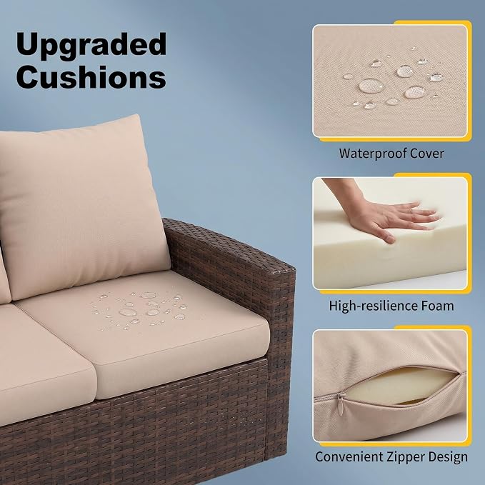 UDPATIO Patio Furniture Set, Outdoor Furniture Sets with Loveseats Sofa, Wicker Rattan Outdoor Conversation Set with Storage CoffeeTable for Backyard, Deck, Porch,Brown/Grey