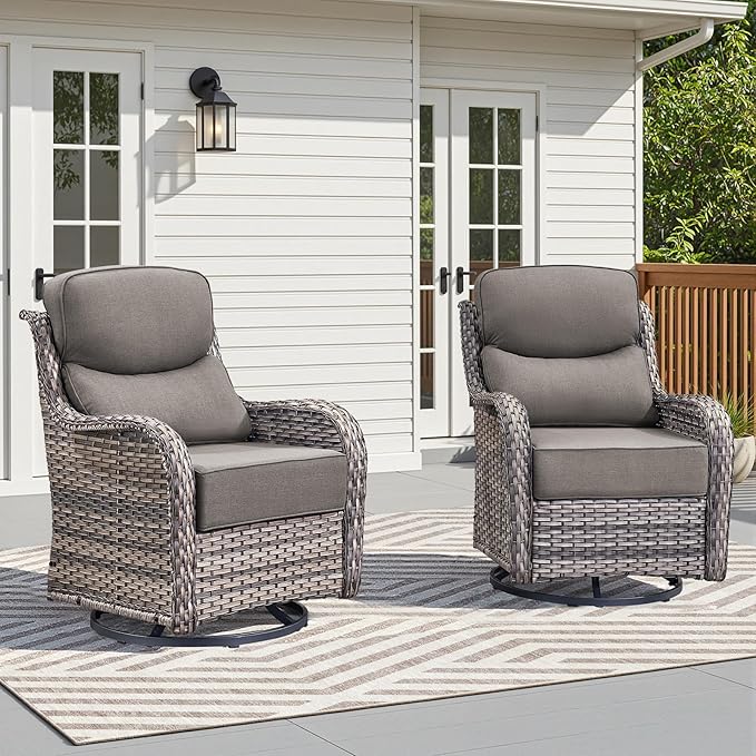 Luxury Wicker Patio Furniture Set-High Back Outdoor Swivel Chairs Set of 2 with 6" Thick Cushions Wide Armrest All Weather Patio Conversation Sets for Deck Porch Balcony(Grey/Grey)