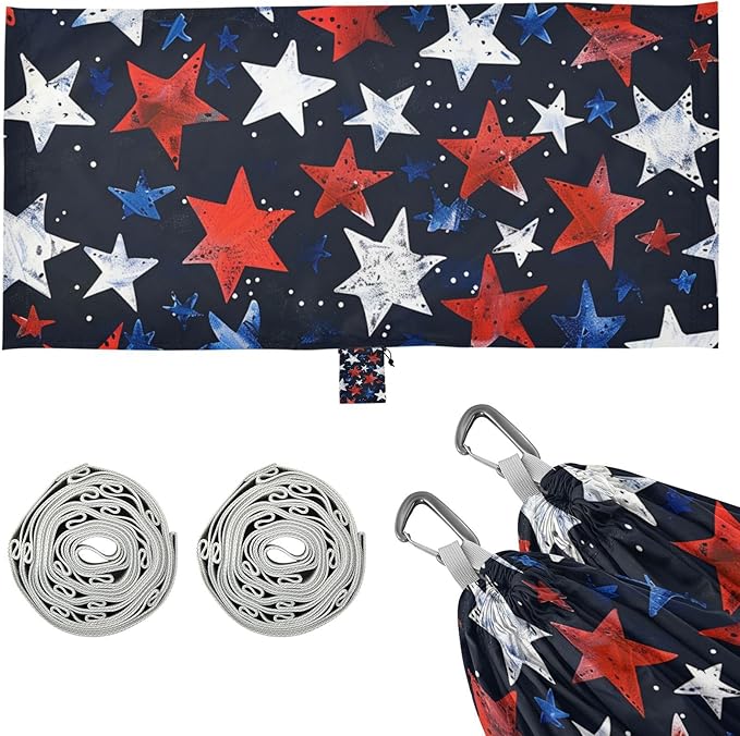 4th of July Independence Day Red and Blue Stars 330lb Capacity Outdoor Hammock with Hanging Rope Portable Hammock for Outside Patio Backyard Poolside hamaca de Algodon para Jardin