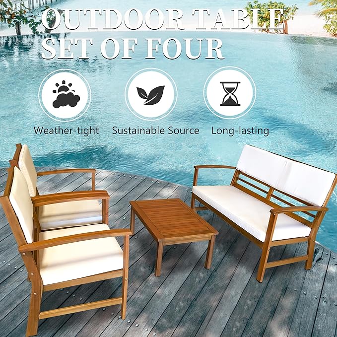 PayLessHere 4-Piece Acacia Wood Patio Furniture Set Modern Conversation Set Outdoor Bistro Table and Chairs for Backyard, Balcony, Deck, or Indoor Use (Nature)
