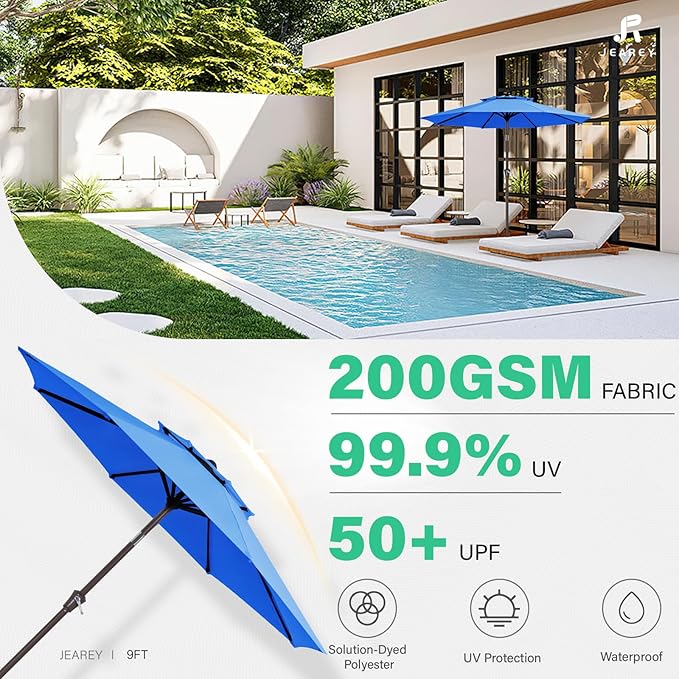 JEAREY 9' 2-Tiers Patio Umbrellas Outdoor Table Market Umbrella w/Push Button Tilt/Crank, 8 Sturdy Ribs, UV Protection Waterproof Sunproof(Royal Blue)