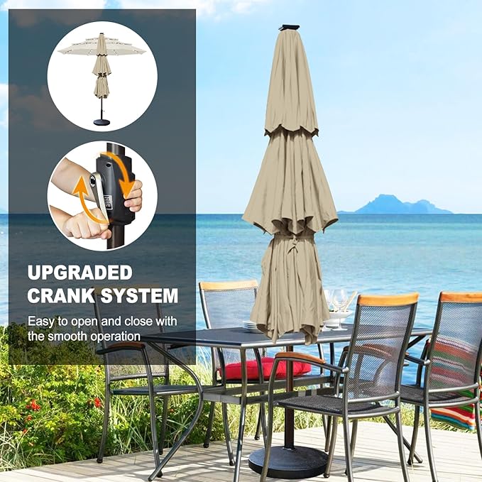 Eurmax USA 10-Year-Non-Fading 10FT 3-Tier Outdoor Patio Market Umbrella with LED Lights,UPF50+ UV Resistant,Commercial Grade,Crank Lift Design,Windproof Vented Top for Garden,Pool,Deck,Antique Beige