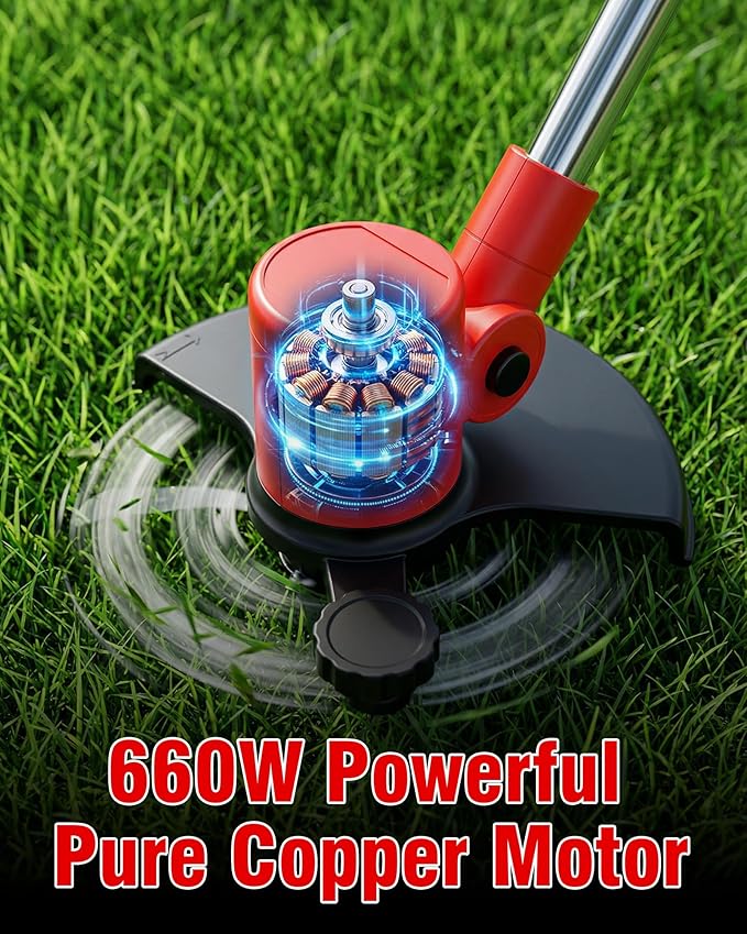 Electric Weed Wacker, 21V Weed Eater Battery Powered, Cordless String Trimmer Adjustable Height Electric Mower for Garden, Edger Lawn Tool