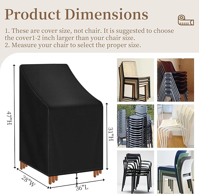Stackable Patio Chair Cover Waterproof Outdoor Chair Cover Lounge Chair Covers Outdoor Stack Chairs for All Weather Protection 36" Lx28 Wx47 H, Black
