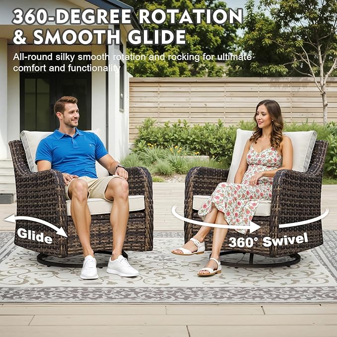 MEISSALIVVE 7 Pieces Patio Furniture Set with 43" Fire Pit Table, Wicker Patio Conversation Set with Swivel Rocking Chairs, Outdoor Patio Set for Lawn Backyard Porch (Brown)