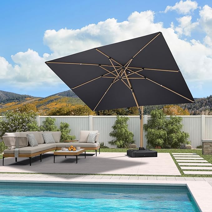 PURPLE LEAF 9' x 12' Rectangle Patio Cantilever Umbrella Large Hanging Umbrella Teak Finished Aluminum Frame Windproof Offset Outdoor Sun Umbrellas for Beach Pool Deck, Grey
