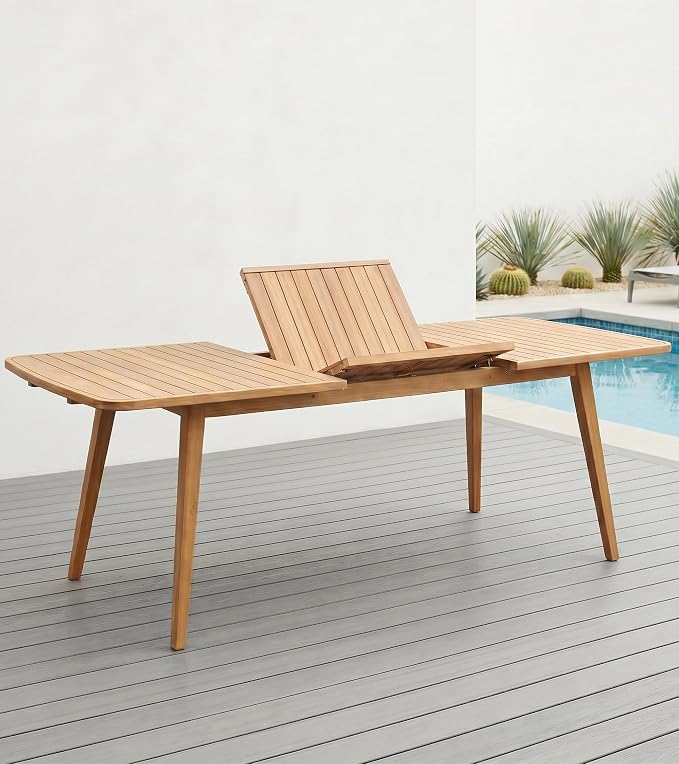 Extendable Outdoor Dining Table, Weather-Resistant Wood Patio Dining Table for 6-8 Person, 67.5"-89.5" Expandable Table with Self-Storing Leaf for Host/Backyard/Porch/Dining Room, Natural