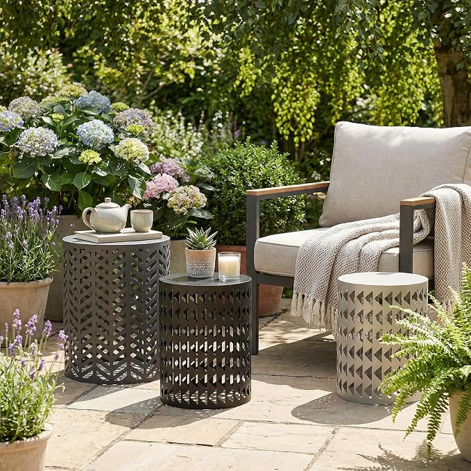 3 Set Small Patio Side Tables, 176Lbs, Round Outdoor Side Tables for Patio, Nesting Outdoor Table Set, Outside Metal End Tables, No Assembly Required