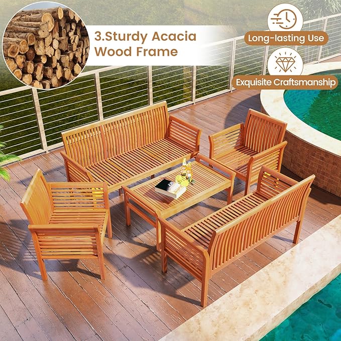 HAPPYGRILL 5 Pieces Acacia Wood Patio Conversation Set, Outdoor Furniture Sofa Set with Removable Seat Cushions, Sectional Sofa & Table Set for Garden Backyard Deck Poolside