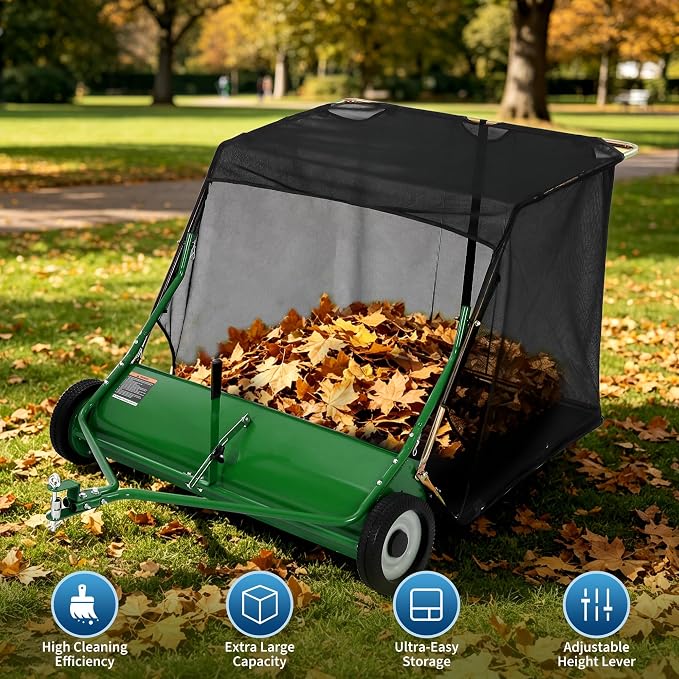 50" Tow Behind Lawn Sweeper, 33 cu. ft Extra-Large Capacity Leaf & Grass Collector-Adjustable Sweeping Height, Dumping Rope Design for Efficient Debris & Grass Cleanup on Yards, Driveways & Sidewalks