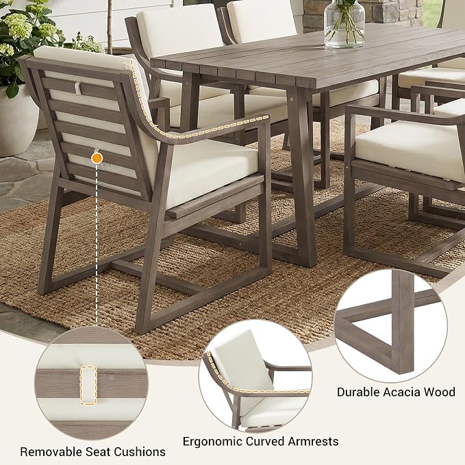 Merax 7-Piece Patio Dining Set, Acacia Wood Rectangular Dining Table and Chairs Set with Cushions, Outdoor Furniture Set for Backyard, Garden, Poolside,Brown