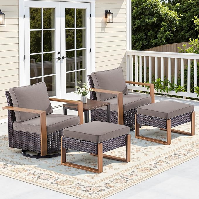 5PCS Swivel Patio Furniture Set, Outdoor Wicker Sofa and Swivel Rocker Chairs, All-Weather Conversation Set for Backyard, Deck and Poolside Grey