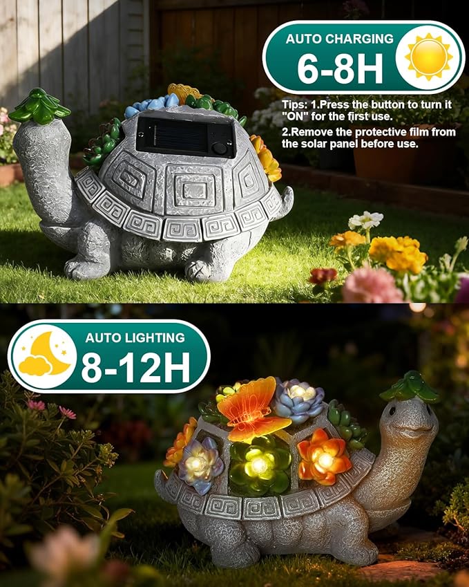 Solar Turtle Garden Statue with Butterfly, Succulent & LED Lights, Lawn Ornament for Yard Patio Porch Balcony, Outdoor Decor Figurine - Gifts for Mom Grandma Women