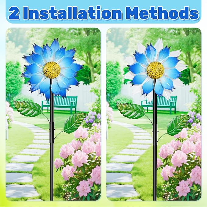 Blue Flower Metal Wind Spinner, 63.4" Kinetic Large Wind Sculptures with 5 Prong Anti-Tip Ground Stake, All Weather Kinetic Yard Art Decor for Lawn Garden Patio Outside Ornament