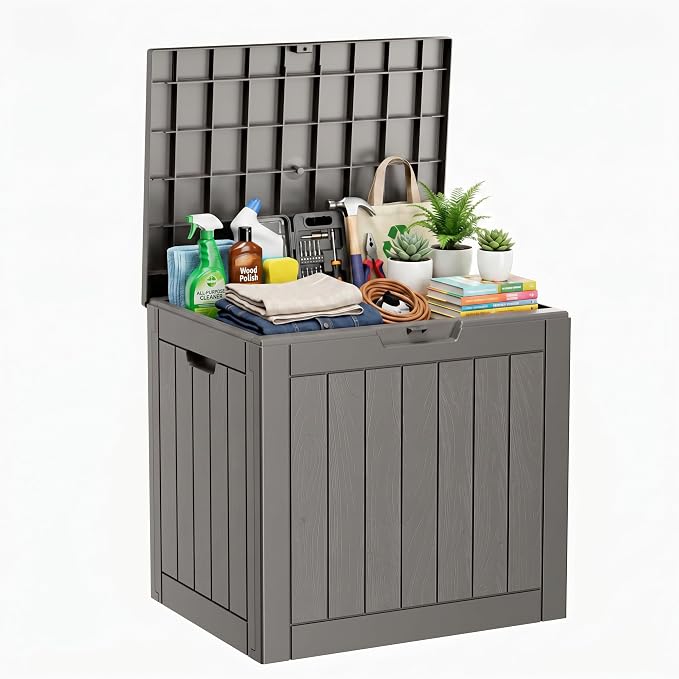 ROJIK Outdoor Storage Housing Deck Box-Waterproof Patio Furniture,Garden Tools,Cushions,Pool Accessories Storage Waterproof Resin Box with Capacity (31 Gal & Grey)