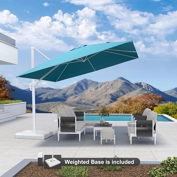 PURPLE LEAF 10 FT Patio Umbrella With Base White Cantilever Umbrella Square Outdoor Offset Umbrella Windproof with 360° Rotation for Garden Deck Pool, Turquoise