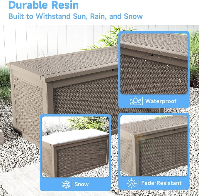 Deck Box Large Outdoor Storage for Patio Furniture,Outdoor Cushions,Garden Tools and Pool Supplies,Waterproof,Resin,Lockable (Grey, 320 Gallon)