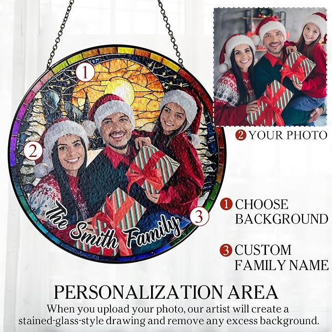 Personalized Stained Glass Christmas Suncatcher – Custom Family Photo Window Decor – First from Mom and Dad – Holiday Tree Ornament Keepsake