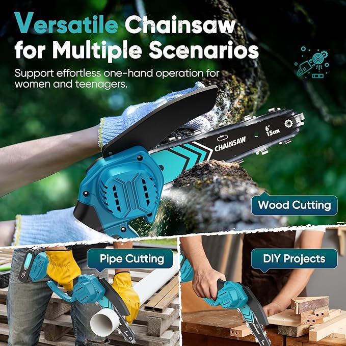 Mini Chainsaw- 6 Inch Electric Mini Chain Saw Cordless Battery Powered One-Hand Tree Trimming Saw, Portable Gardening Gadgets for Men, Unique Birthday Gifts (Blue)