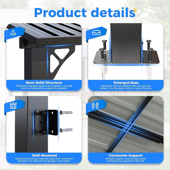 AirWire 10'x14' Lean to Gazebo, Hardtop Pergola with Metal Roof, Wall Mounted Heavy Duty Canopy Awning for Backyard, Deck and More