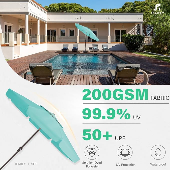 JEAREY 9' 2-Tiers Patio Umbrellas Outdoor Market Table Umbrella w/Push Button Tilt/Crank, 8 Sturdy Ribs, UV Protection Waterproof Sunproof(Teal)