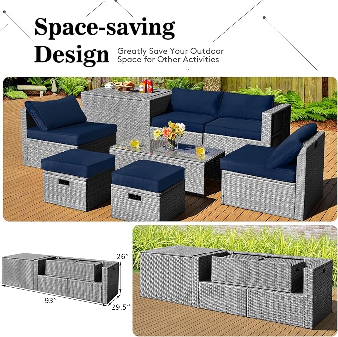 DORTALA 8 Pieces Patio Furniture Set, PE Rattan Sectional Sofa Set with Tempered Glass Table & Waterproof Cushions, Outdoor Wicker Conversation Set for Balcony, Poolside, Navy