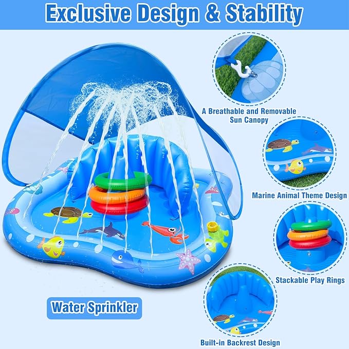 iGeeKid Baby Play Mat with Sprinkler, Inflatable Baby Pool Float with Canopy Backrest & Stackable Rings Water Sprinkler for Kids, Outdoor Water Play Toys for Toddlers Backyard Swimming Water Games