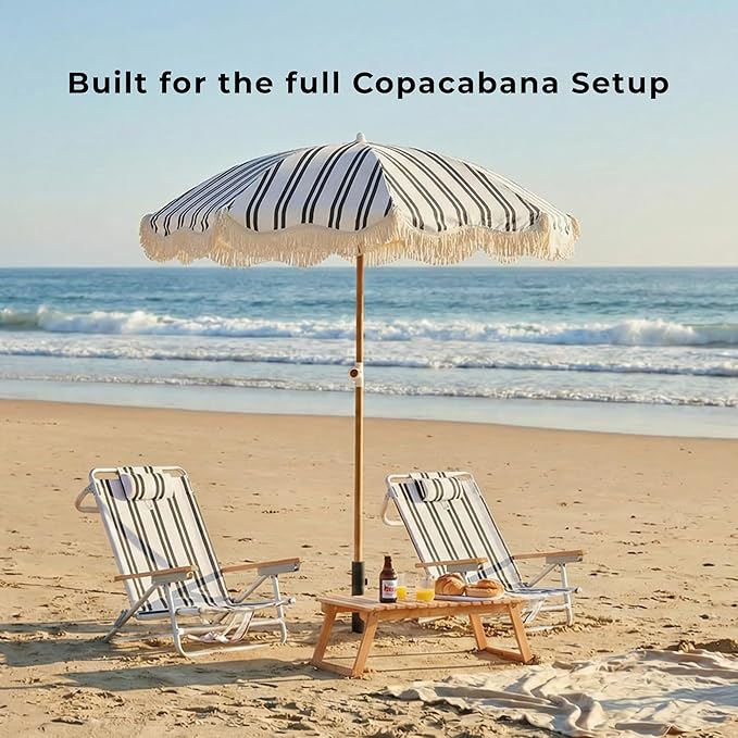 6FT Stripe Fringe Beach Umbrella for Sand with Sand Anchor, UPF 50+ Sun Shade with Tassels, Adjustable Tilt Pole, Portable Coastal Umbrella for Beach & Pool, Heritage Black Stripe