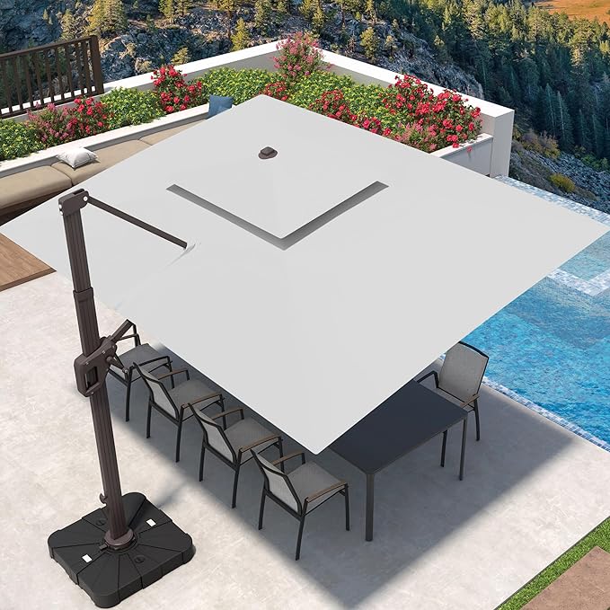 9' X 12' Patio Umbrella with LED Lights Outdoor Cantilever Large Rectangle Offset Umbrellas Heavy Duty Aluminum Double Top with 360-degree Rotation for Pool Garden Deck, Fog Grey