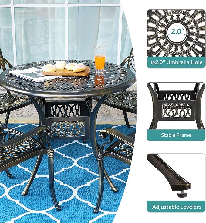 MEETWARM 35.4" Round Patio Dinning Table, Outdoor Cast Aluminum Dinning Table with 2" Umbrella Hole, Dark Bronze