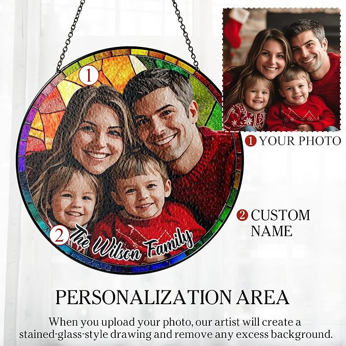 Personalized Stained Glass Christmas Suncatcher – Custom Family Photo Window Decor – First from Mom and Dad – Holiday Ornament Keepsake for Family