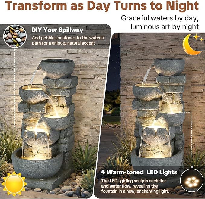 HOMEDIARY Modern 33" Tall Outdoor Water Fountain, Large 5-Tier Cascading Bowls Waterfall Fountain with LED Lights, Stone Texture Floor-Standing Resin Water Feature for Deck, Patio, Backyard & Indoor