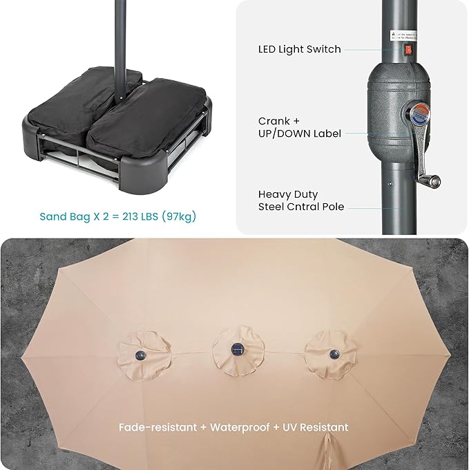 Home Zone Living 15x9 Ft Double Head Patio Umbrella with Base, 36 LED Lights, Sand Bags, UV Resistant & Waterproof, 213 LBS Total Weight, Beige Tan