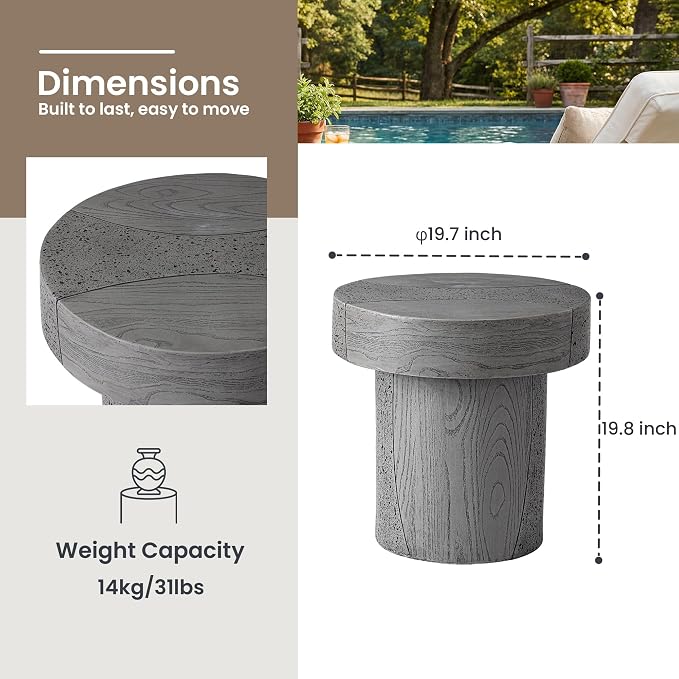 HOMPUS Outdoor Side Table, Concrete Coffee Table Round, 20 inches Dining Table with MgO Tabletop, Faux Wooden End Table for Patio, Garden, Backyard, Grey