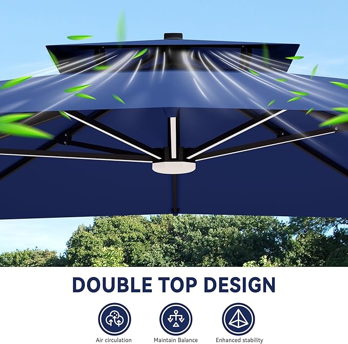 10x13 FT Cantilever Patio Umbrella with Base and Led Lights Double Top Outdoor Rectangular Large Heavy Duty Aluminum Offset Umbrellas with 7 Level Tilt 360-degree Rotation for Pool Garden Deck, Navy