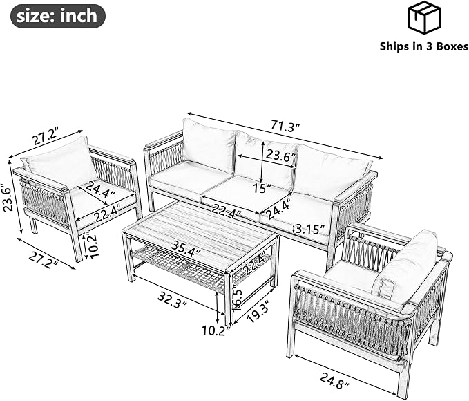 4 Pieces Outdoor Sectional Sofa Set 5-Person Patio Seating Group Outdoor Conversation Set with Cushions and a Coffee Table for Patios, Gardens,or Balcony (Grey#30)