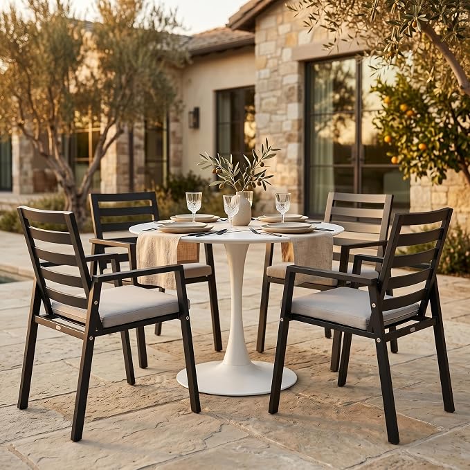 LeisureMod Bello 31" Round Outdoor Dining Table, Modern Black Metal Patio Bistro Table with Pedestal Base, Weather-Resistant Accent Table for Balcony, Garden, Deck, Backyard & Cafe, White