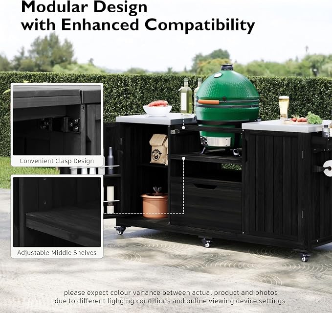 RUNNA 66.5" Outdoor Kitchen Island for Big Green Egg Grills,Solid Wood Outdoor Grill Cart for Tabletop Grill with Stainless Steel Top,Drawer, Compatible with Large Big Green Egg, Kamado Joe