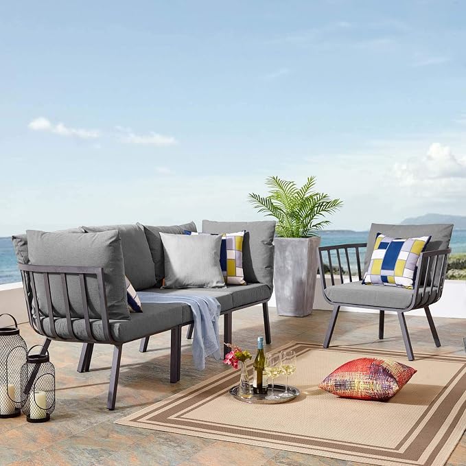 Modway Riverside 4 Piece Outdoor Patio Aluminum Set, 114 x 61.5 x 28, Gray Charcoal