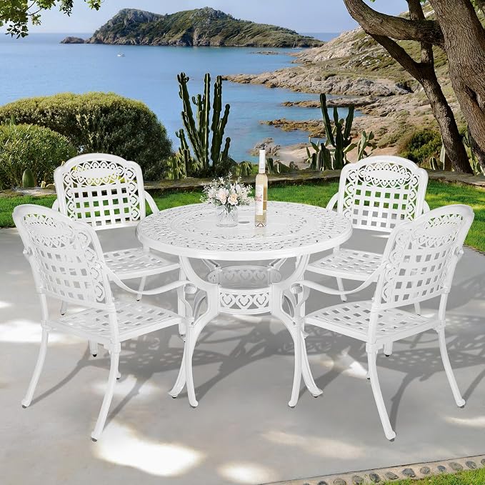 VIVIJASON 5-Piece Patio Furniture Dining Set, All-Weather Cast Aluminum Outdoor Conversation Set, Include 4 Chairs and 1 Round Table w/Umbrella Hole for Balcony, Lawn, Garden, Backyard, White
